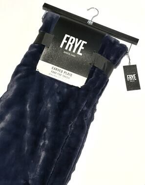 FRYE Faux Fur Throw Blanket Dark Navy Blue TEXTURED plaid 50 X 70" NWT